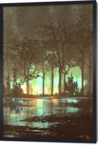 tajemniczy ciemny las z mistycznym światłem w nocy, ilustracja