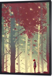 mężczyzna stojący w pięknym lesie z opadającymi liśćmi, malarstwo ilustracyjne