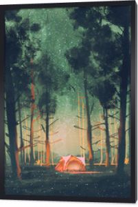 kemping w lesie nocą z gwiazdami i świetlikami, ilustracja, malarstwo cyfrowe