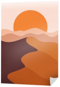 Pustynny krajobraz w pionowym formacie, ciepłe beżowe kolory. Ilustracja wektorowa z zachodem słońca w górach. Plakat abstrakcyjny krajobraz.