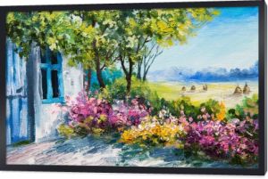 obraz olejny pejzaż - ogród blisko domu, kolorowe kwiaty las lato