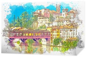 Szkic akwarelowy lub ilustracja pięknego widoku architektury miejskiej i mostu Alpini w Bassano del Grappa we Włoszech