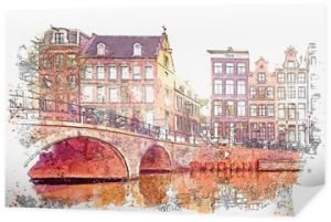 Szkic akwarela lub ilustracja piękny widok tradycyjnych budynków mieszkalnych lub architektury miejskiej w Amsterdamie w Holandii