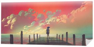 piękna sceneria kobiety stojącej samotnie na drewnianym molo patrzącej na kolorowe chmury na niebie, cyfrowy styl artystyczny, malarstwo ilustracyjne