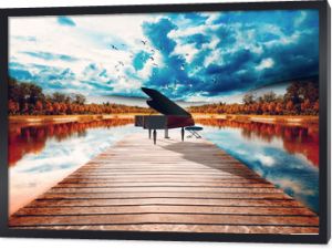 Fortepian w naturze Surrealistyczny krajobraz drzew i jeziora Zrelaksowana i spokojna koncepcja muzyki fortepianowej