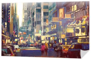 kolorowy obraz ludzi chodzących po ulicy miasta, ilustracja pejzaż miejski