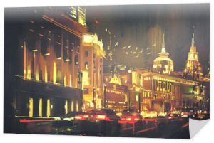 obraz ulicy miasta z kolorowym światłem, Szanghaj Bund nocą