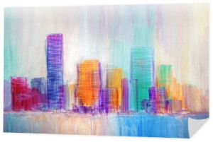 Kolorowe panorama miasta abstrakcyjne tło. Oryginalny obraz olejny.