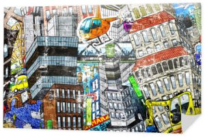 Miasto, ilustracja dużego kolażu, z domami, samochodami i ludźmi