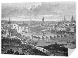 Brema Hanzeatyckie miasto, panoramiczny widok w XIX wieku z mostami na rzece Wezery