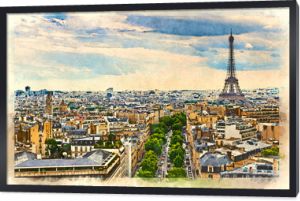 Aerial view of the Paris skyline with the Eiffel Tower. Watercolor style illustration.