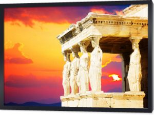 details of Erechtheion temple in Acropolis of Athens at sunset, Greece