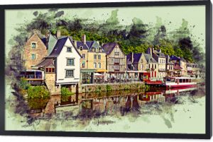 Painting styling - View of the historic town of Dinan with Rance river, Cotes-d'Armor department, Bretagne, northwestern France.