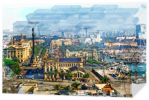 Aerial cityscape of Barcelona - View from the Port Cable Car. Watercolor sketch style illustration.