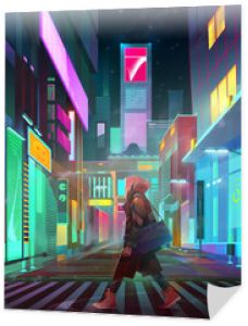 namalowany miejski neonowy krajobraz przyszłości z człowiekiem nocą