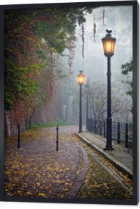 Tajemnicza alejka w mglistej jesieni z zapalonymi lampami