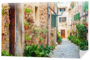 Ulica Valldemossa starej śródziemnomorskiej wioski, punkt orientacyjny wyspy Majorka, Hiszpania
