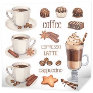 Akwarele ilustracji filiżanek kawy i czekoladowych słodyczy