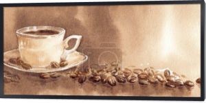 Filiżanka kawy z ziarnem kawy na atrakcyjnym tle. Ręcznie wykonane piękne martwa natura malarstwo sztuki na papierze tekstury
