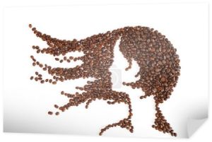 Creative portrait of young woman with hair in wind, made of roasted coffee beans, close-up, isolated on white background in flat lay
