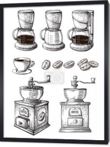 Ekspres do kawy Szlifierka ręcznie rysowane kolekcji wektor szkic zestaw z filiżanek fasola Maker Latte