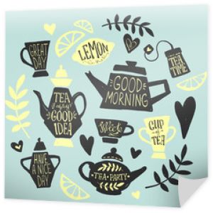 Tea party handketched doodle zestaw. Napis herbaty, elementy typografii wektorowej. Naszkicowany czajnik, filiżanka, torebka herbaty, cytryna, serca i gałęzie. Kolekcja rocznika herbaty. Różne czajniki i filiżanki.