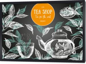 Ilustracja wektorowa sklep herbaty. Projekt karty wektor z herbatą. Plakat herbaciarni. Wektor ręcznie rysowane zestaw. Grafika liniowa