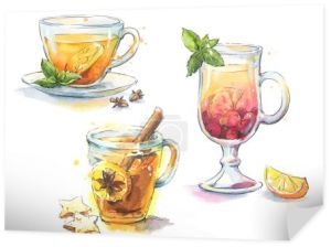 Zestaw zdrowych herbat serwowane w przezroczyste kubki, ręcznie malowane akwarela ilustracja