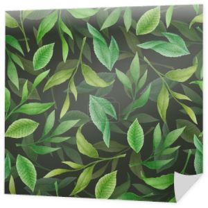 Akwarela bezszwowy wzór z zielonymi ręcznie rysowane liście herbaty i gałęzie izolowane na czarnym tle. Ilustracja botaniczna do wzoru tekstylnego, nadruku, tkaniny, tapety