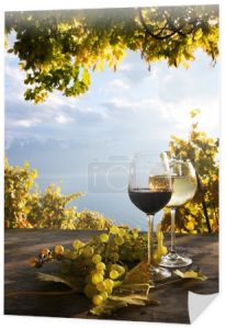 para kieliszki i kiść winogron. w regionie Lavaux, Szwajcarii