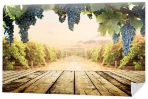Stary drewniany blat z rozmazaną winnicą i tłem winogron. Wino produkt blat kraju projekt przyrody. Baner wyświetlacza Winery.   