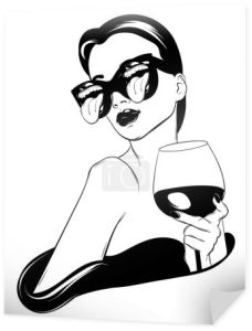 Wektor ręcznie rysowane realistyczne ilustracja kobieta przy lampce wina na białym tle. Surrealistyczna tatuażu. Szablon dla karty, plakat. baner, wydruku dla t-shirt, pin, odznaka, patch.