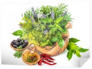 Świeże zioła i przyprawy koperek, bazylia, szałwia, lawenda, wawrzyn, oliwka