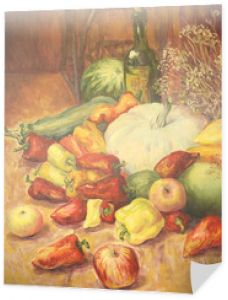 Martwa natura z warzywami i owocami. Jabłko, papryka, wino, arbuz, cukinia. Obraz olejny