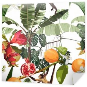 Wzór z dżungli zwierząt, kwiatów, roślin, drzew i owoców granatu pomarańczowego.