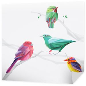zestaw kolorowych ptaków w stylu wielokąta na gałęziach drzew