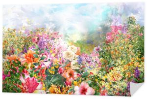 Akwarela malarstwo abstrakcyjne kwiaty. Wiosenne wielokolorowe kwiaty