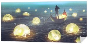 nocna sceneria mężczyzny wiosłującego łódką wśród wielu świecących księżyców unoszących się na morzu, cyfrowy styl artystyczny, malarstwo ilustracyjne