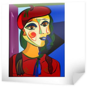 Kolorowe abstrakcyjne tło, styl sztuki kubizmu, czerwony kapelusz kobiety i warkocz