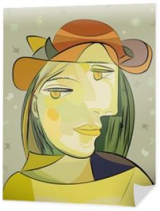 Kolorowe abstrakcyjne tło, styl sztuki kubizmu, brązowy kapelusz kobiety