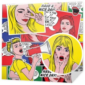 Retro Pop sztuka tło komiks z uśmiechający się dziewczyny. Wow twarz kobiety. Sexy zaskoczony młoda kobieta z otwartymi ustami i blond włosy i dymek. Kolorowe tło wektor w retro komiks stylu pop art. 