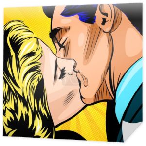 Namiętny pocałunek, ilustracja wektora komiksu. Mężczyzna całujący blondynkę w tle słonecznego popu. Portret zakochanej pary, stylizacja w stylu retro lat 50-tych XX wieku