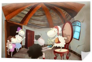 Ilustracja dla dzieci: Owca Książę proponuje małżeństwo z owcą Kopciuszkiem. Realistyczna fantastyczna grafika w stylu kreskówkowym