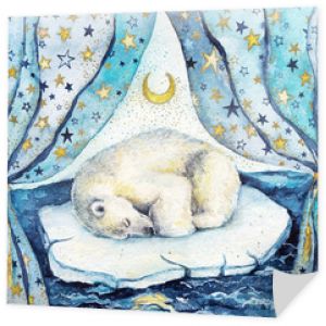 Akwarela dzieci ilustracja ze snem białego niedźwiedzia na górze lodowej. Pocztówka lub plakat