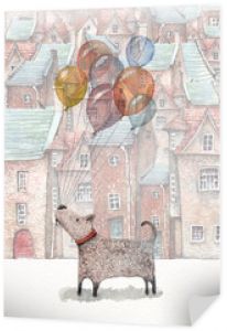Akwarela przedstawiająca małego psa trzymającego balony, spacerującego po starym mieście pojawiającym się w tle.