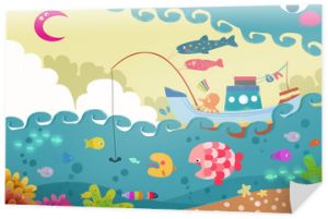 Ilustracja dla dzieci: Potwór Big Wave ściga statek rybacki. Realistyczna fantastyczna grafika w stylu kreskówki / historia / scena / tapeta / tło / projekt karty Background