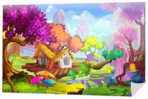 Kreatywna ilustracja i innowacyjna sztuka: Scena z domkiem na drzewie. Realistyczna, fantastyczna scena graficzna w stylu kreskówkowym, tapeta, tło historii, projekt karty