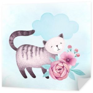 Akwarela ilustracja kota i kwiatów