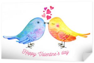 Miłość para ptaków z sercami i życzeniami. Ręcznie rysowane akwarela ilustracja na dzień Świętego Walentego