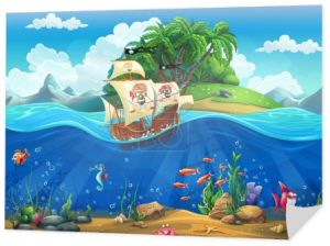 Podwodny świat kreskówka z ryb, roślin, wyspa i statek